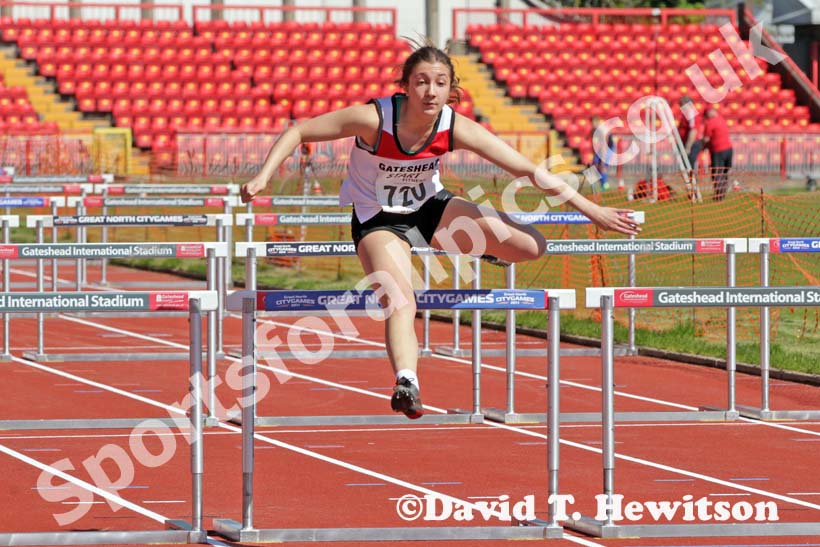 Abigail Smith (Gateshead) winning the under-20s 100 metres hurdles at the North Eastern Champs, Gateshead.